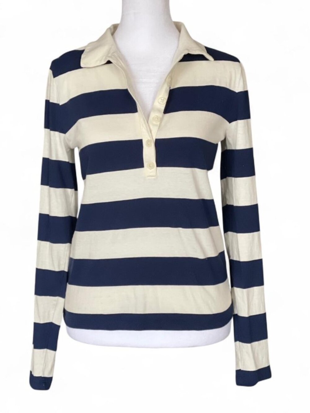 J.Crew Navy & Cream Stripe Long Sleeve Polo/ Rugby Shirt – Size Small